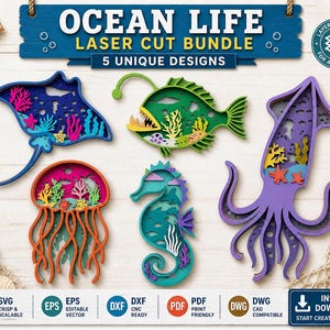 Puede incluir: Un paquete de corte láser con cinco diseños únicos con temática oceánica. Los diseños incluyen una manta raya, un rape, una medusa, un caballito de mar y un calamar, cada uno con detalles en capas para un efecto 3D. El texto "OCEAN LIFE LASER CUT BUNDLE" se muestra en la parte superior.