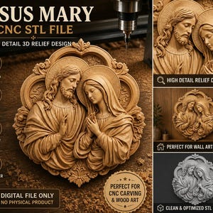 Puede incluir: Un archivo digital CNC STL que presenta un diseño de relieve 3D de alta detalle de Jesús y María. La imagen muestra un relieve de madera tallada con el texto "JESUS MARY CNC STL FILE" e iconos para descarga instantánea, formato STL, modelo de relieve 3D y listo para enrutador CNC.
