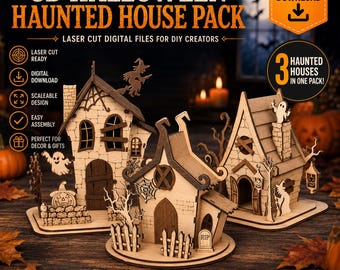 Dom z nawiedzonym domem na Halloween laserowo wycinany / Wycinany laserowo SVG / Dekoracja domu czarownicy Glowforge Pumpkin SVG Plik wycinany laserowo Produkty cyfrowe