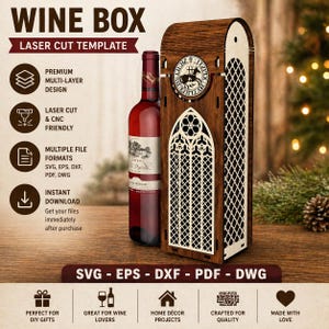 May include: A wooden wine box laser cut template with a decorative design, holding a red wine bottle. The box features a clock design and a decorative window. The text on the box reads "WINE BOX" and "LASER CUT TEMPLATE".