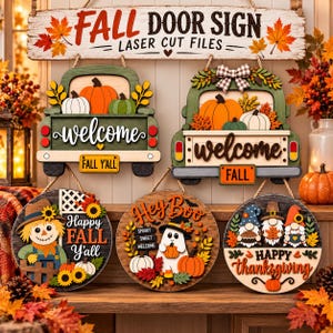 Fall Door Sign SVG Bundle, Autumn Door Hanger Designs, Layered Laser Cut Files, Scarecrow Ghost Truck Decor, Glowforge xTool