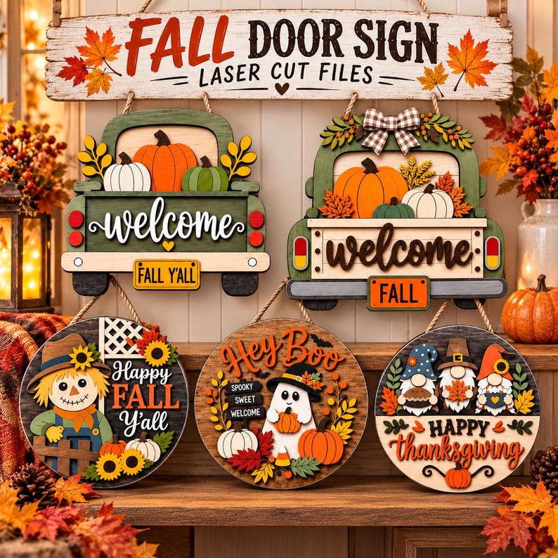 May include: A collection of five decorative wooden signs featuring seasonal themes. Two signs are shaped like trucks with pumpkins and the word welcome. Three circular signs feature a scarecrow, a ghost with the text Hey Boo, and three gnomes.