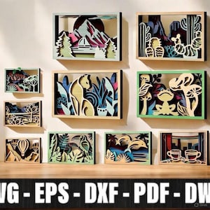 Paquete SVG de paisaje multicapa / Decoración de pared láser de naturaleza animal SVG, Marcos de arte de pared 3D en capas SVG Glowforge, archivo cortado con láser 3D