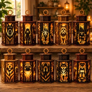 May include: Ten hexagonal wooden lanterns featuring intricate laser-cut silhouettes of various dog breeds. Each lantern has a warm, glowing interior, a decorative top with a circular handle, and detailed forest or nature-themed cutouts surrounding the dogs.