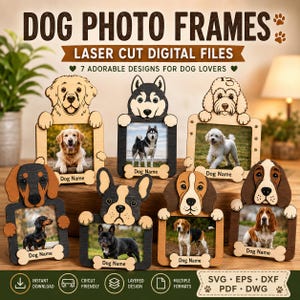 Dog Photo Frame SVG Bundle - Personalized Pet Picture Frames, Laser Cut Dog Breed Frames DXF, Custom Wooden Pet Memorial Gift for Glowforge
