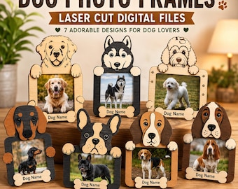 Paquete de archivos SVG para marcos de fotos de perros: marcos de fotos personalizados para mascotas, marcos de razas de perros cortados con láser en formato DXF, regalo personalizado de madera para mascotas de Glowforge.