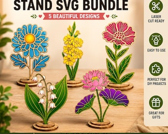 Bloemen bloemenstandaard SVG-bundel - lasergesneden bloemenvaasstandaard, 3D houten plantenstandaard roos tulp bloemen displayrek, woondecoratie gesneden bestanden