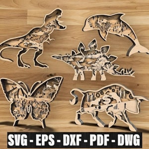 Paquete SVG multicapa de animales Glowforge: Dinosaurio, mariposa, toro, caballo, delfín. Archivos cortados con láser. Animales 3D en capas (SVG, DXF, EPS, DWG).