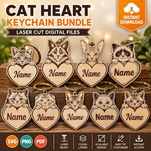 Pacchetto di file SVG per portachiavi di gatti, 15 razze di gatti da tagliare al laser, portachiavi personalizzato a forma di cuore con gatto, targhetta personalizzata con il nome del gatto, regalo per amanti degli animali Glowforge