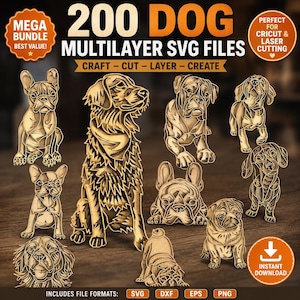 200+ Layered Dog Breed Laser Cutting Glowforge SVG Bundle Files, xTool Wood Wall Art Mandala Pattern, 3D Pet Memorial CNC