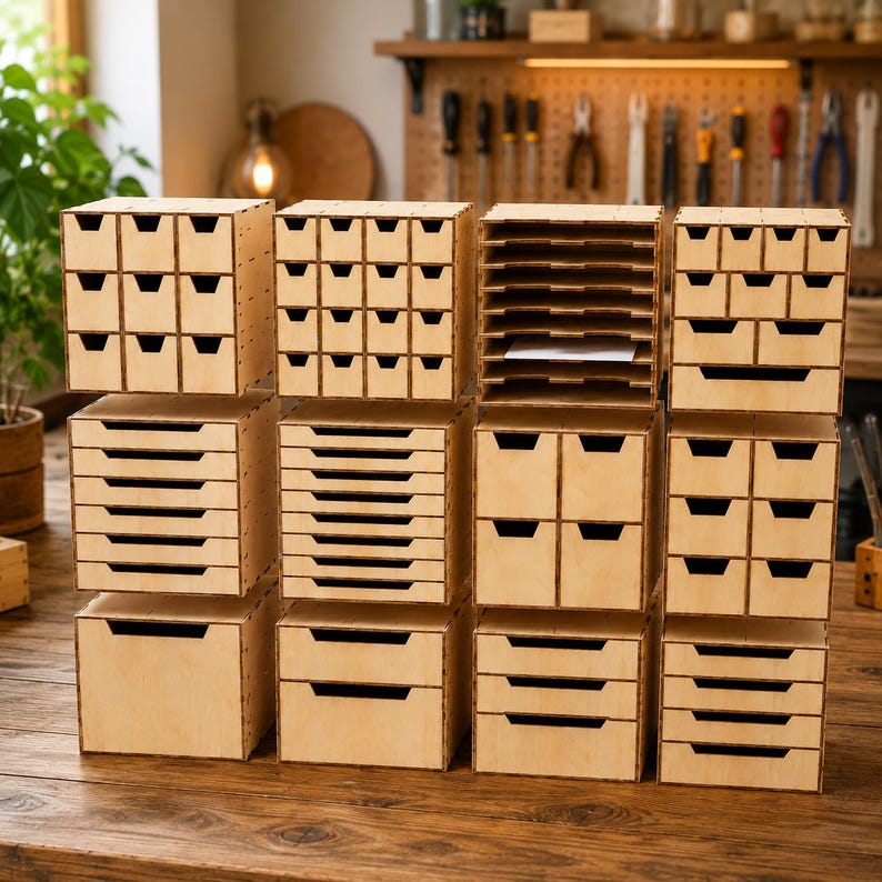 May include: A modular wooden storage system consisting of multiple stacked units with various drawer configurations, including small square compartments, horizontal letter trays, and larger deep drawers, all crafted from light-colored plywood.