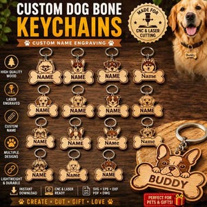 May include: Wooden dog bone keychains with custom name engraving. The keychains feature various dog breeds and are attached to a metal keyring. The keychains are laser engraved and made of high-quality wood. The image also includes the text "Buddy".