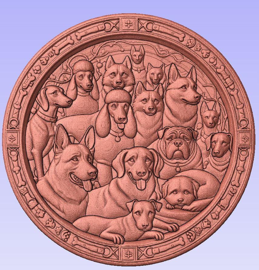Dogs CNC Router STL File - Dog Breeds 3D Relief Wall Art - Round Wooden ...
