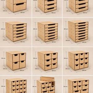 May include: A collection of light brown wooden storage organizers with various drawer configurations. Each unit features a 330 mm by 330 mm by 330 mm dimension label. The organizers include single-column stacks and multi-column grid layouts.