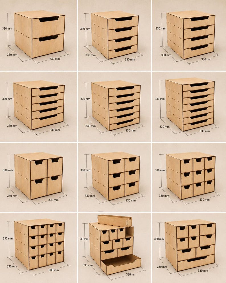May include: A collection of light brown wooden storage organizers with various drawer configurations. Each unit features a 330 mm by 330 mm by 330 mm dimension label. The organizers include single-column stacks and multi-column grid layouts.