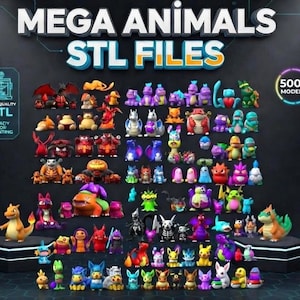 Peut inclure: Une collection numérique de plus de 500 fichiers STL imprimables en 3D représentant diverses figurines de créatures colorées. L'image affiche le texte MEGA ANIMALS STL FILES, HIGH-QUALITY STL READY FOR PRINTING et 500+ MODELS, montrant un large éventail.