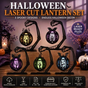 May include: A set of five black laser-cut Halloween lanterns, each suspended from a skeletal hand stand. The lanterns feature intricate cutouts of a spider, haunted house, tree, witch, and skull, illuminated with purple, green, and blue light.