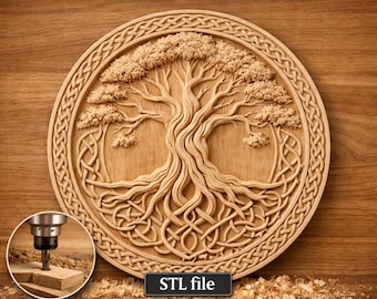 Tree of Life STL File CNC Router Relief | Celtic Knot Border Wood Carving 3D Model Digital Download