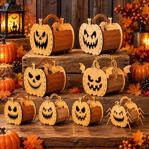 Puede incluir: Una colección de ocho cestas de madera con forma de calabaza que presentan caras de jack-o'-lantern talladas con recortes oscuros para los ojos y las bocas. Las cestas tienen asas arqueadas y varían en diseño, algunas con alas de murciélago o patas de araña.