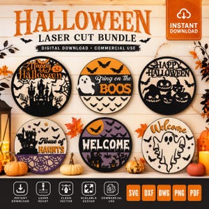 Happy Halloween Round Sign Bundle Laser Cut Files - 6 Spooky Designs SVG DXF | Ghost Witch Pumpkin Multi Layer | Glowforge Digital Download