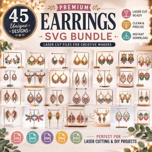 Paquete de 45 archivos SVG de pendientes en capas / Archivos de joyería de madera y acrílico cortados con láser (descarga digital)