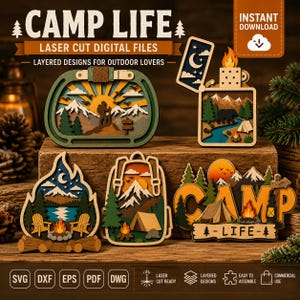 May include: A collection of five multi-layered laser-cut wooden designs featuring outdoor themes including a carabiner, a lighter, a campfire, a backpack, and the text CAMP LIFE, all displayed as digital files for crafting projects.