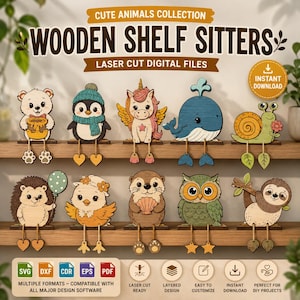 Op de afbeelding: Een collectie van tien lasergesneden digitale houten bestanden voor plankfiguren met schattige dieren zoals een beer, pinguïn, eenhoorn, walvis, slak, egel, vogel, otter, uil en luiaard. Het beeld bevat de tekst CUTE ANIMALS COLLECTION.