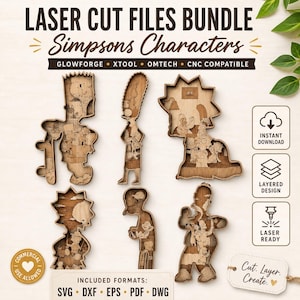 Puede incluir: Un paquete de archivos de corte láser con personajes de Los Simpson. Los diseños de madera incluyen a Bart, Lisa, Marge, Homer y otros personajes. La imagen incluye el texto "Laser Cut Files Bundle" y "Simpsons Characters". El paquete es compatible con Glowforge, Xtool, Omtech y CNC.