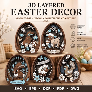 May include: A collection of 3D layered Easter decorations, laser-cut from wood. The egg-shaped designs feature Easter themes such as bunnies, lambs, and floral patterns. The colour palette includes brown, white, and blue. The text on the image says "Happy Easter".
