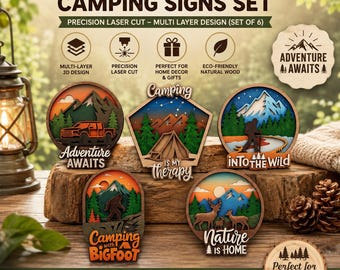 Camping SVG-bundel gelaagde lasergesneden bestanden, meerlaagse bergcampingbestanden, natuurwandelen Camping gelaagde bundel, outdooravontuur SVG