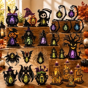 Halloween-lykta SVG-paket, 26 kusliga ljusdesigner, häxa, spökhus, pumpadekor, värmeljushållare-filer