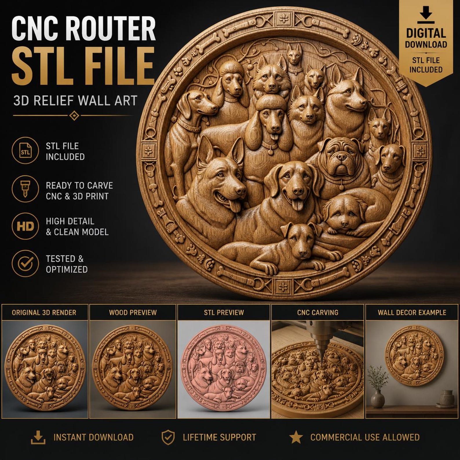 Dogs CNC Router STL File - Dog Breeds 3D Relief Wall Art - Round Wooden ...