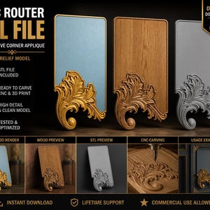 May include: A digital download image showcasing a CNC router STL file for a decorative corner applique. The design features a 3D relief model with intricate floral and scrollwork. The image includes previews of the design in various materials and a usage example.