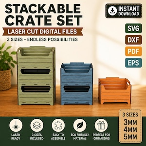 Puede incluir: Un conjunto de tres cajas de madera apilables en verde oliva, azul y naranja. La imagen incluye el texto: STACKABLE CRATE SET, LASER CUT DIGITAL FILES, 3 SIZES – ENDLESS POSSIBILITIES, INSTANT DOWNLOAD, SVG, DXF, PDF, EPS, 3 SIZES 3MM 4MM 5MM.