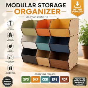 May include: A modular storage organizer digital file for laser cutting. The unit features nine open-front bins in various colors including olive, orange, yellow, white, teal, blue, black, tan, and wood grain, arranged in a three-by-three grid.