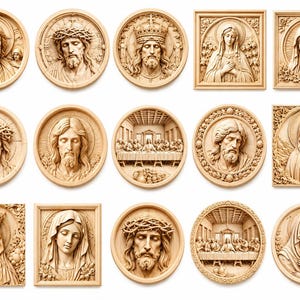 May include: A collection of fourteen light-colored wooden wall plaques featuring intricate relief carvings of religious figures, including portraits of Jesus Christ, the Virgin Mary, and scenes depicting the Last Supper, presented in circular and square frames.