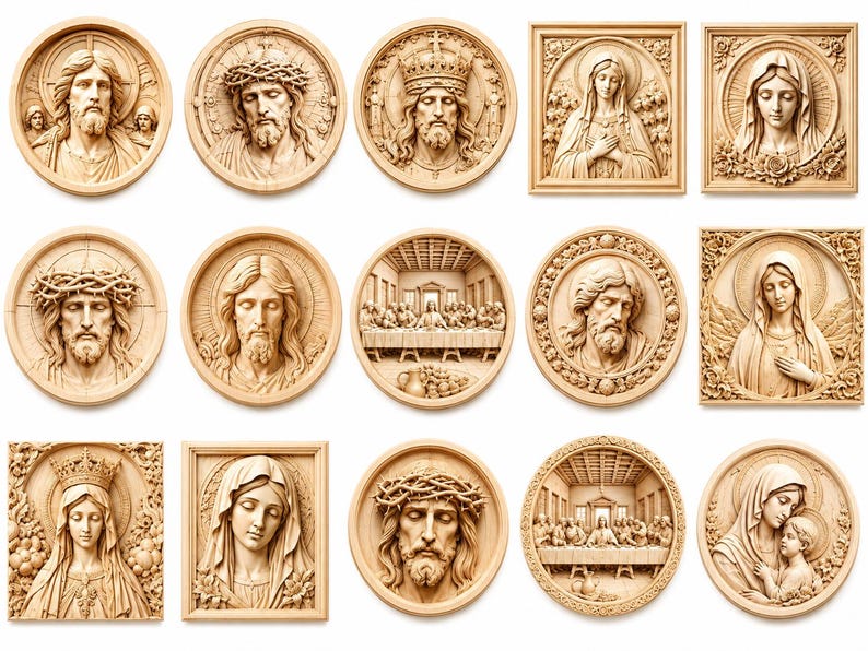 May include: A collection of fourteen light-colored wooden wall plaques featuring intricate relief carvings of religious figures, including portraits of Jesus Christ, the Virgin Mary, and scenes depicting the Last Supper, presented in circular and square frames.