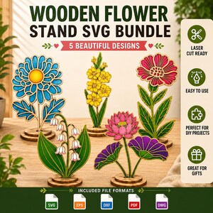 Wooden Flower Stand SVG Bundle - 5 Beautiful Designs Laser Cut Files | Layered Floral Shelf Sitters | Glowforge Digital Download
