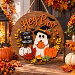 May include: A round wooden door sign featuring the text Hey Boo in orange script. The design includes a white ghost wearing a black hat, holding a small orange pumpkin. Additional elements include a white pumpkin, orange pumpkin, candy corn, and autumn leaves.