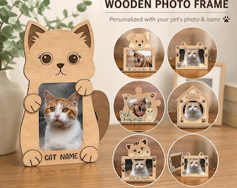 Marco de fotos para mascotas cortado con láser, foto de gato/perro, nombre personalizado, monumento de madera, archivo de corte láser svg, dxf, dwg, archivo de corte láser 3D, foto de escritorio