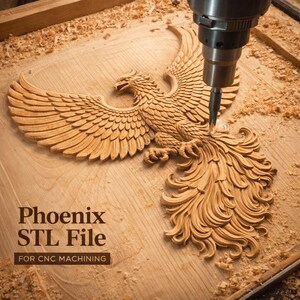 May include: A detailed wood carving of a phoenix with outstretched wings, being created by a CNC machine. The text "Phoenix STL File FOR CNC MACHINING" is visible. The carving is in a light brown color, with wood shavings around the edges.