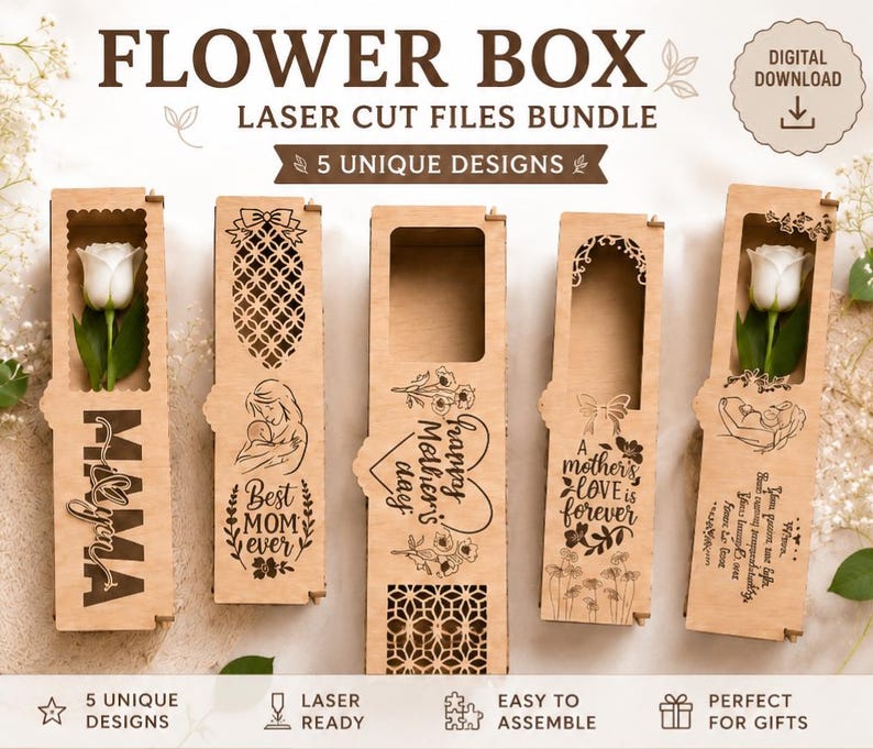 Flower Box Laser Cut Files Bundle - Mother's Day Gift SVG | 5 Unique ...