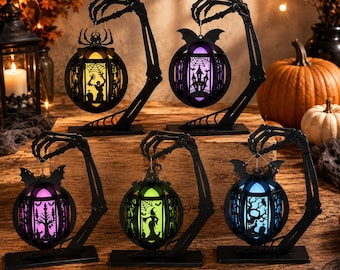 Halloween Lantern Bundle Laser Cut Files - Skeleton Hands Holding Lanterns SVG | Spooky Pumpkin Witch Lantern Set  Glowforge