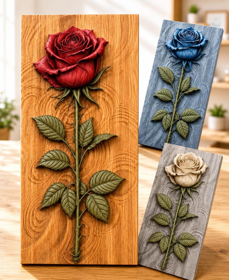 K&ouml;nnte beinhalten: Drei rechteckige Wandtafeln mit Reliefschnitzereien einzelner Rosen. Eine Tafel ist aus Naturholz mit einer roten Rose, eine aus blau gebeiztem Holz mit einer blauen Rose und eine aus grau gebeiztem Holz mit einer cremefarbenen Rose.