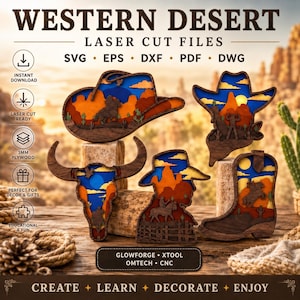 Peut inclure: Fichiers de découpe laser avec des motifs du désert de l'Ouest. L'image présente cinq découpes en bois : un chapeau de cowboy, une botte de cowboy, un crâne de taureau, une silhouette de cowboy et un chapeau de cowboy. Chaque pièce a un design en couches avec un paysage désertique orange, bleu et marron.