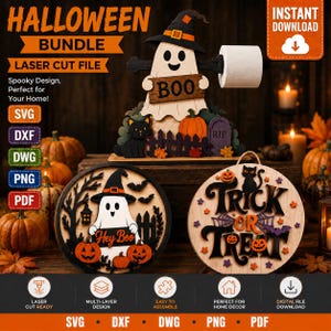 May include: A Halloween laser cut file bundle featuring a ghost wearing a witch hat holding a toilet paper roll, a circular sign with a ghost and pumpkins, and a circular sign with the text Trick or Treat, all with various file formats.