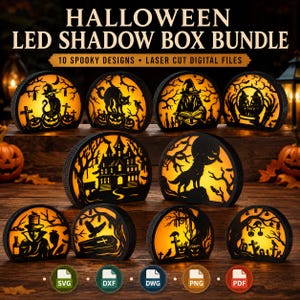 Halloween LED Shadow Box Bundle - 10 Spooky Designs Laser Cut Files SVG DXF | Layered Glow Decor | Glowforge Digital Download