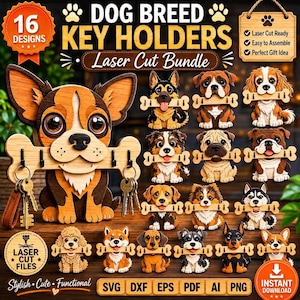 Dog Breed Key Holder SVG Bundle | 16 Laser Cut Dog Leash Holder Files | Glowforge xTool CNC Router Designs | Dxf Png Cdr