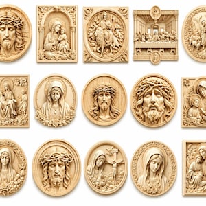 May include: A collection of fifteen light-colored wooden wall plaques featuring intricate relief carvings of religious figures, including portraits of Jesus with a crown of thorns, the Virgin Mary, the Last Supper, and various scenes of the Holy Family.