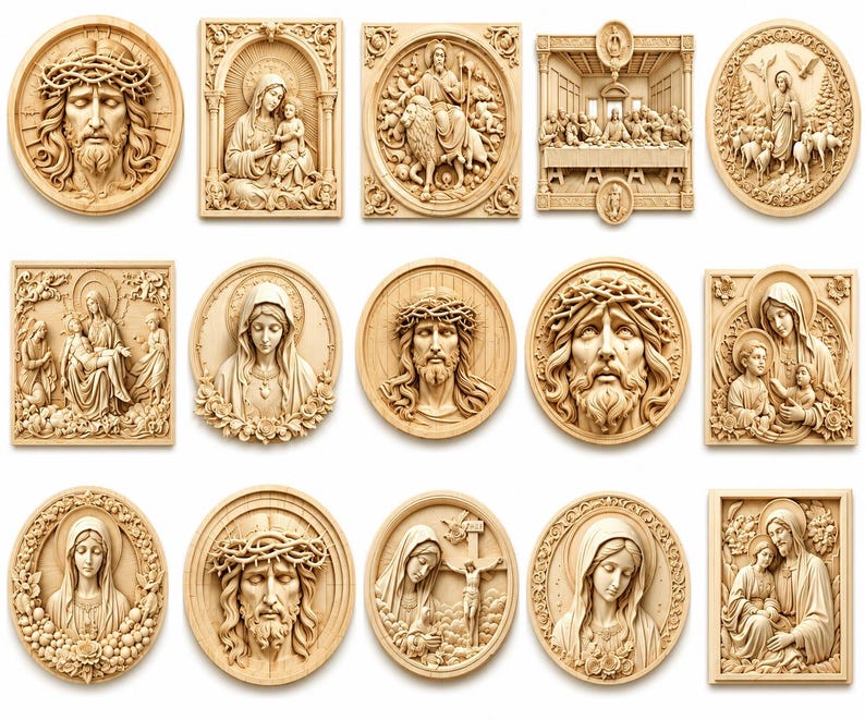 May include: A collection of fifteen light-colored wooden wall plaques featuring intricate relief carvings of religious figures, including portraits of Jesus with a crown of thorns, the Virgin Mary, the Last Supper, and various scenes of the Holy Family.